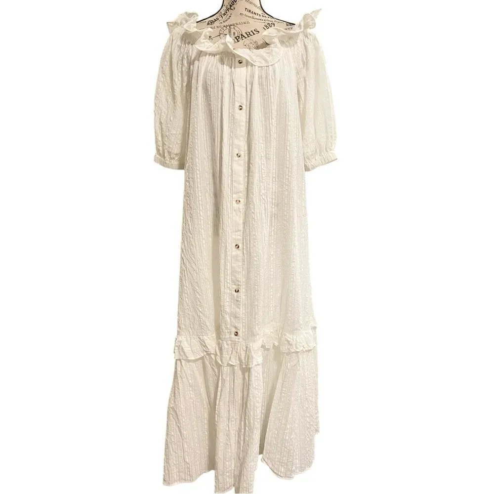 Anthropologie Ruffle Off-The-Shoulder Gauze Dress in White Size Medium